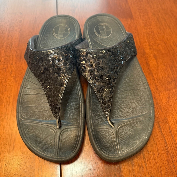 FitFlop Women’s Electra Black Sequin Thong Flip Flops Sandals Size 8‎ - Picture 1 of 8